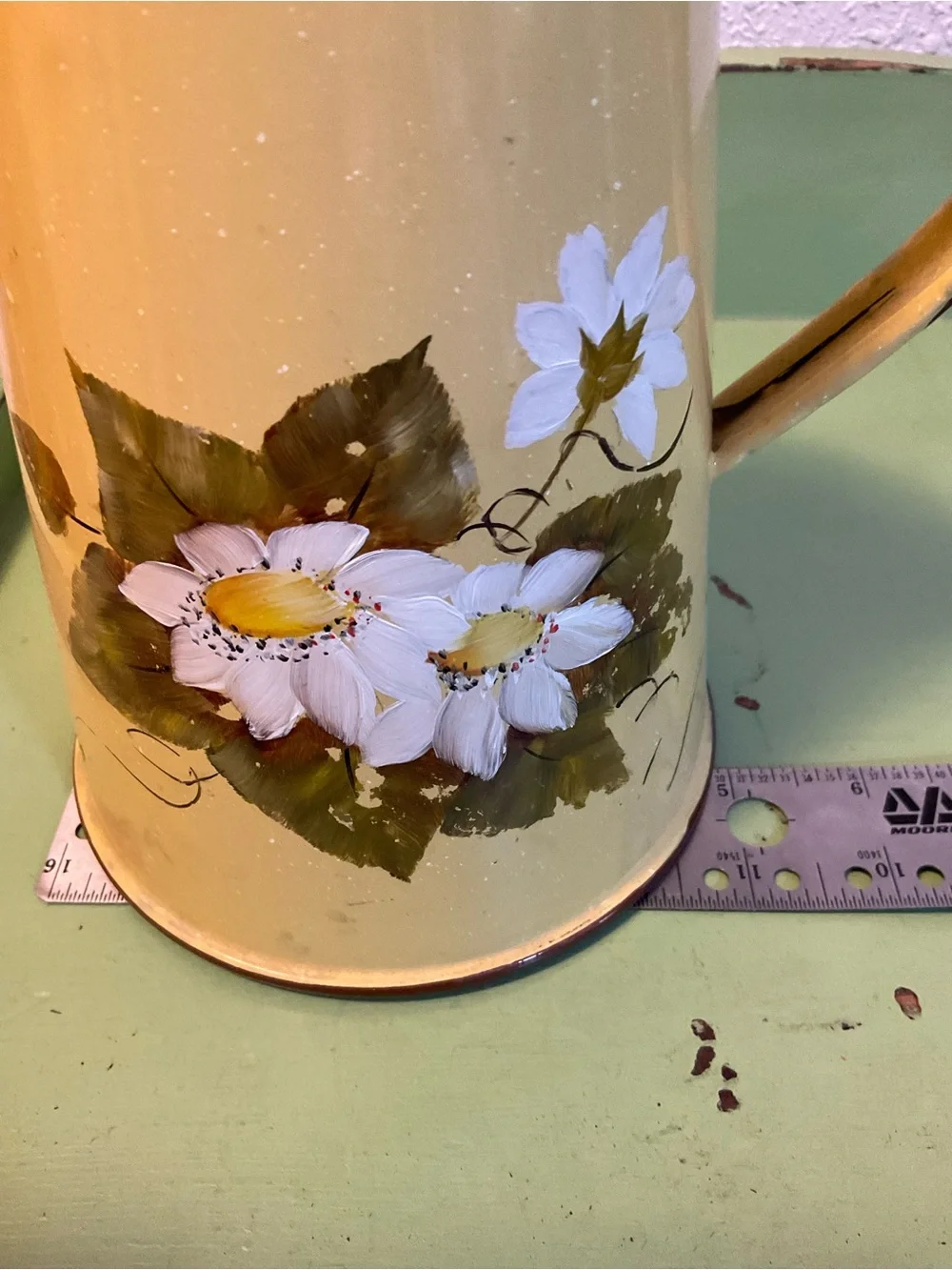 Antique Yellow White Enamelware Coffee Pot Flowers